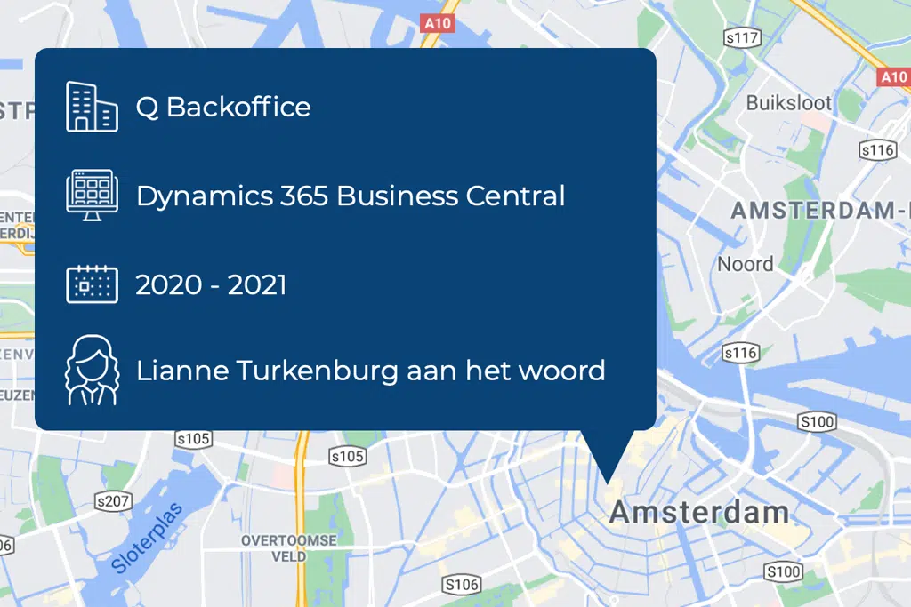 Bedrijfsinformatie van Q Backoffice op een plattegrond van Amsterdam