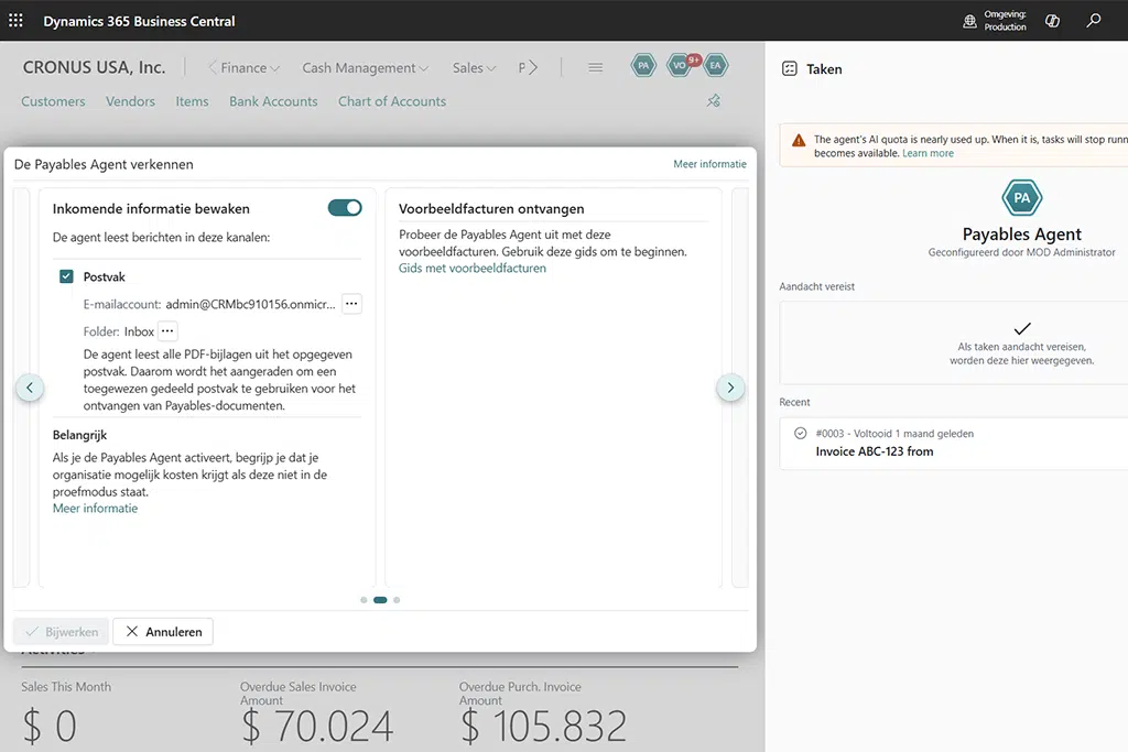 Payables Agent Business Central: aparte mailbox voor facturen