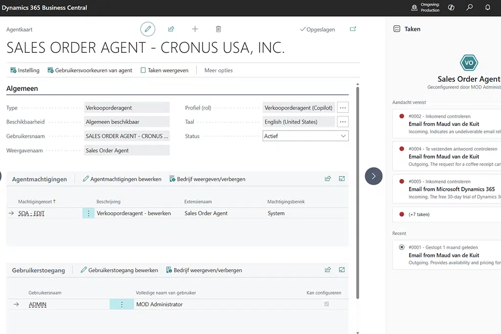 Sales Order Agent Business Central: rechten en toegang
